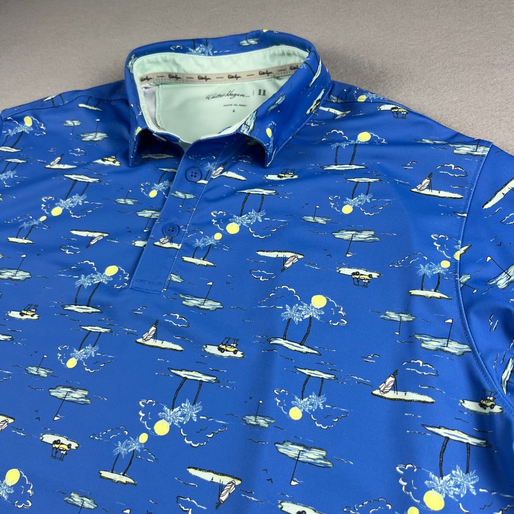 Walter Hagen Mens Golf Polo Shirt Blue Tropical Island Palm Tree Print Large L